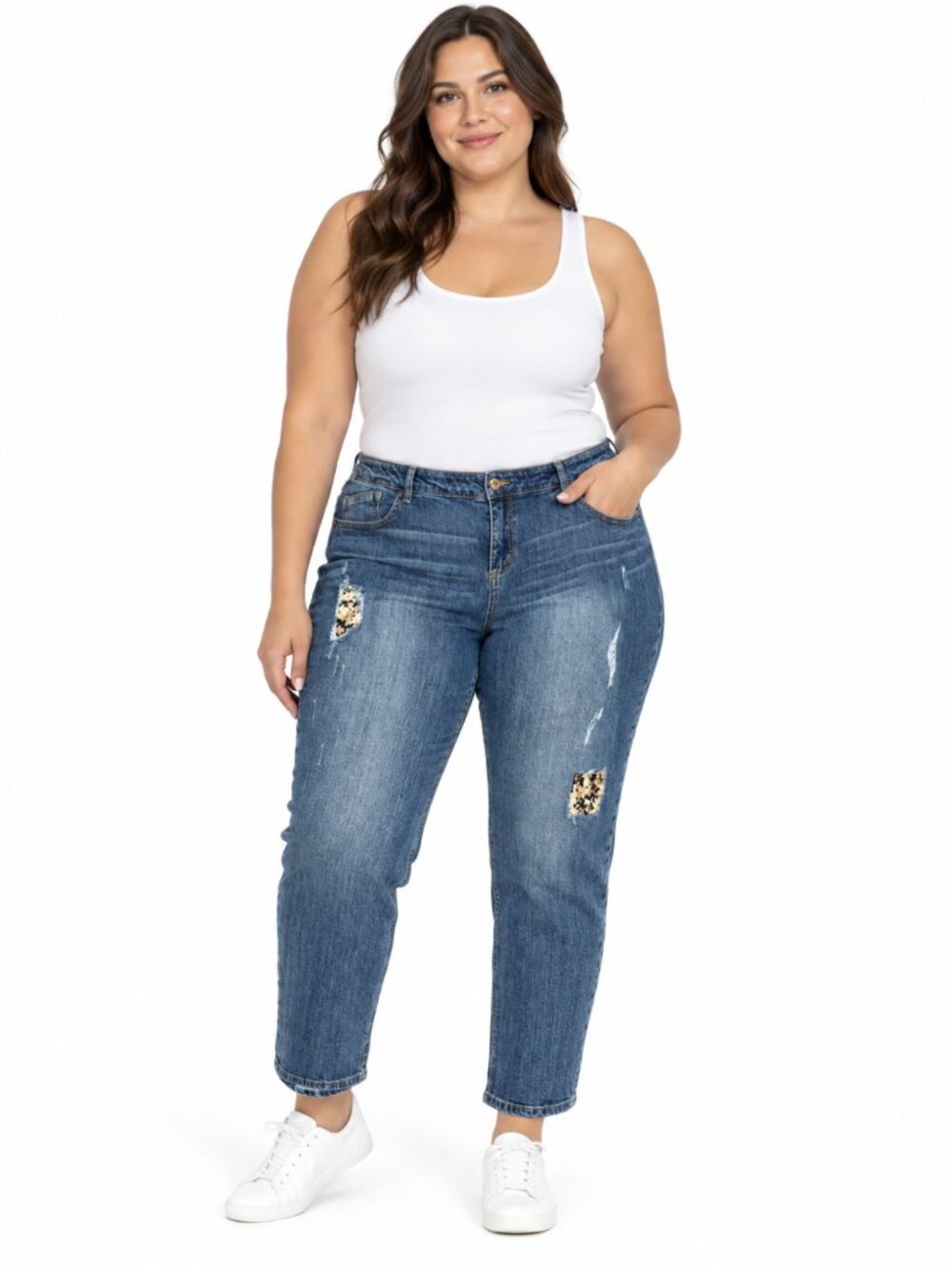 DEMOCRACY Flex-ellent Patchwork Jeans Leopard Sequin Distress Ankle Size 24W NWT